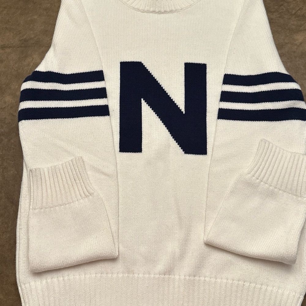 Ellsworth & Ivey women’s size small sweater, white with blue “N” for Nantucket